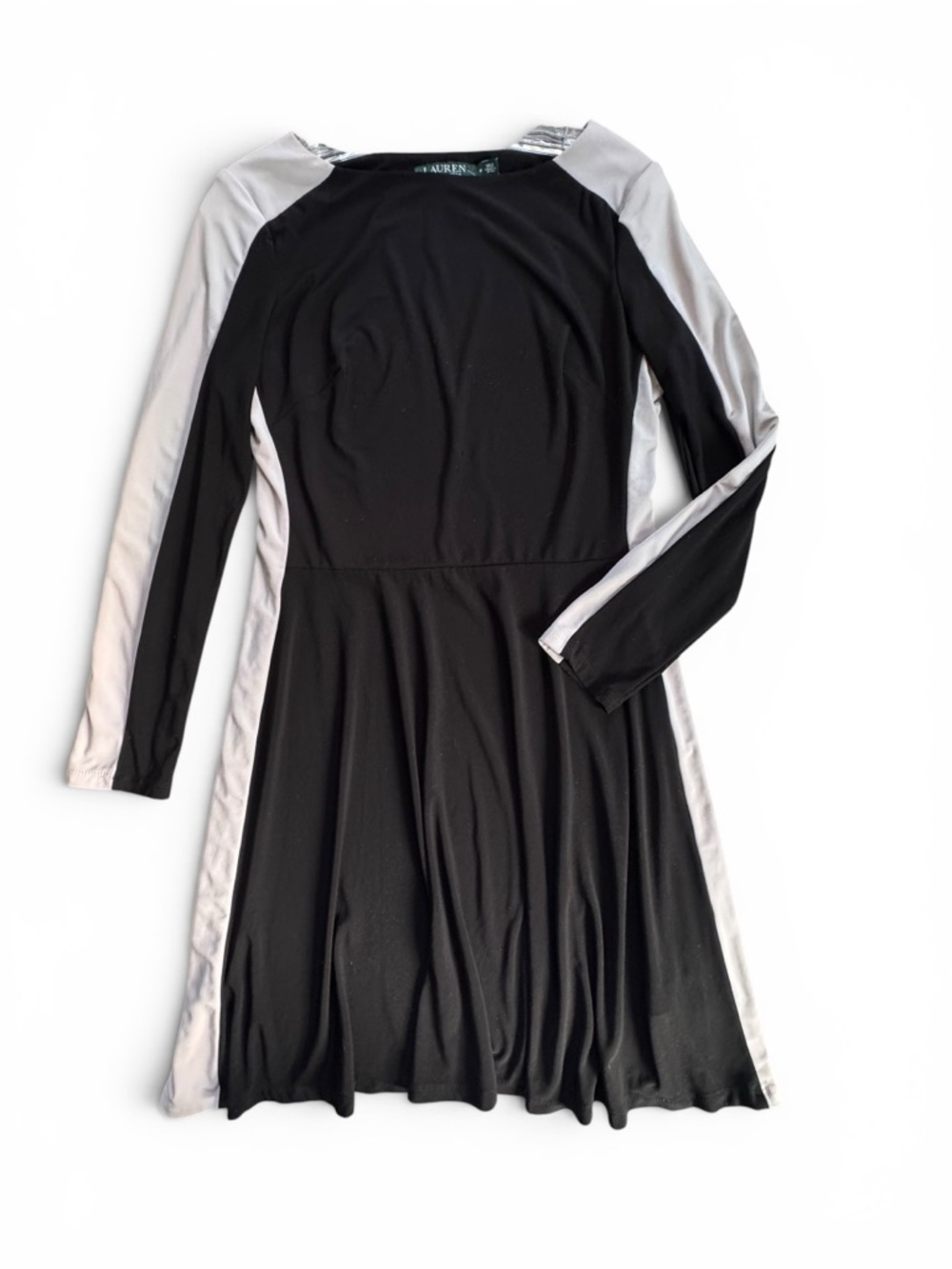 LAUREN Ralph Lauren Dress Fit-and-Flare Black& Gray Panels Stretch Jersey 8